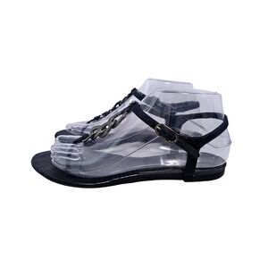 Chanel Interlocking CC Logo Chain-Link T-Strap Sandals 37.5 Blue Quilted Leather